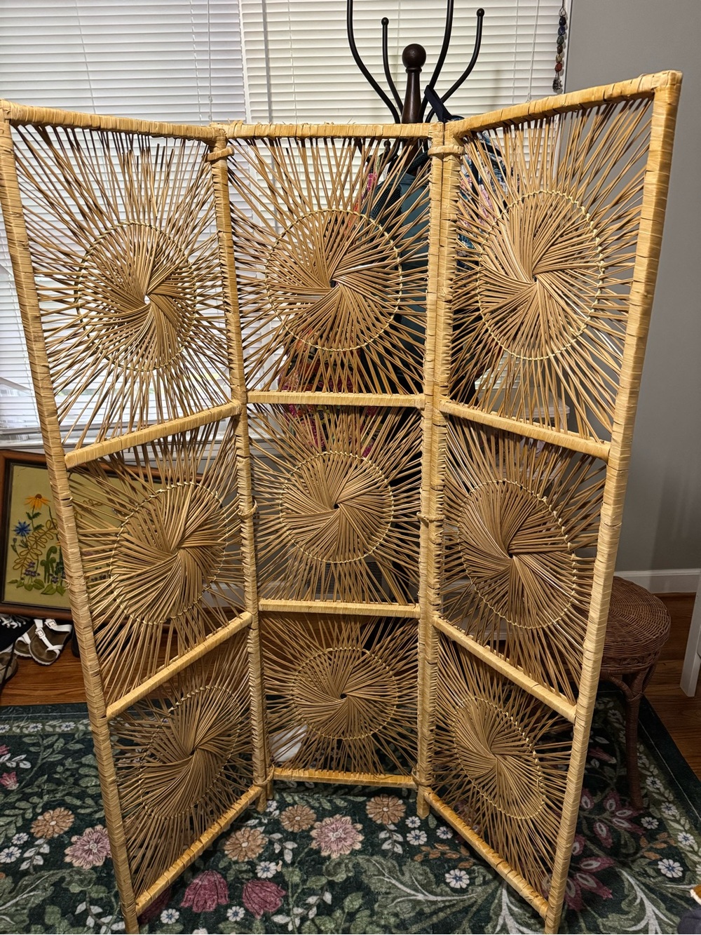Vintage 1970s Boho Chic MCM Rattan Wicker Sunburst 3 Panel Room Divider